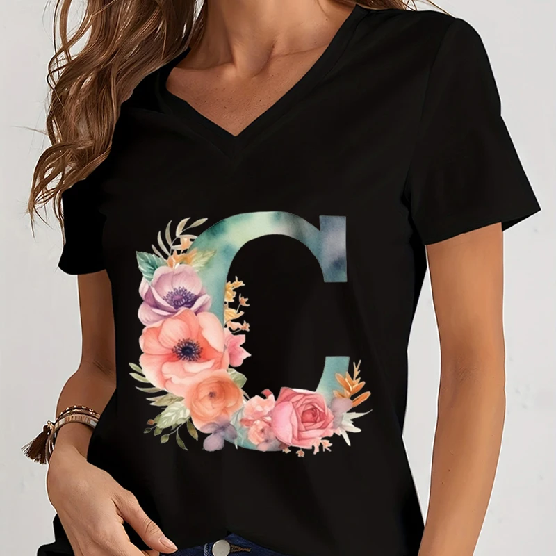 Flower Alphabet Women T-shirt Watercolor Letter A-Z Print Clothing Ladies V-neck Loose Short Sleeve Blouse Letter Series Tshirt image 3