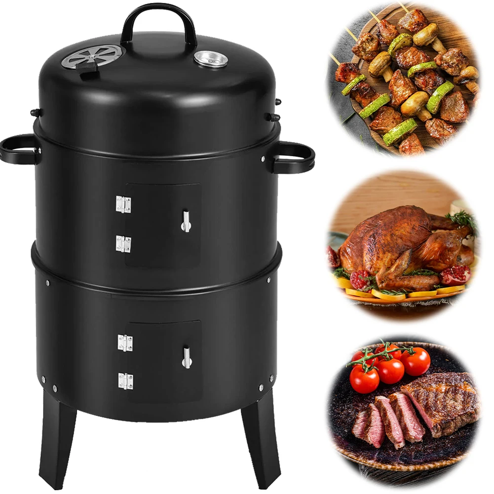 

Vertical Charcoal Smoker with Built-in Thermometer Round BBQ Grill with Air Vent 2 Access Doors for Outdoor Cooking