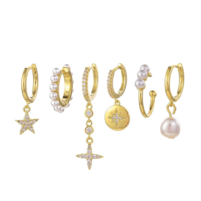 ENSHIR Gold Color 6-piece Earrings Set for Women Pearl Hoop Earrings Set Jewelry Wholesale