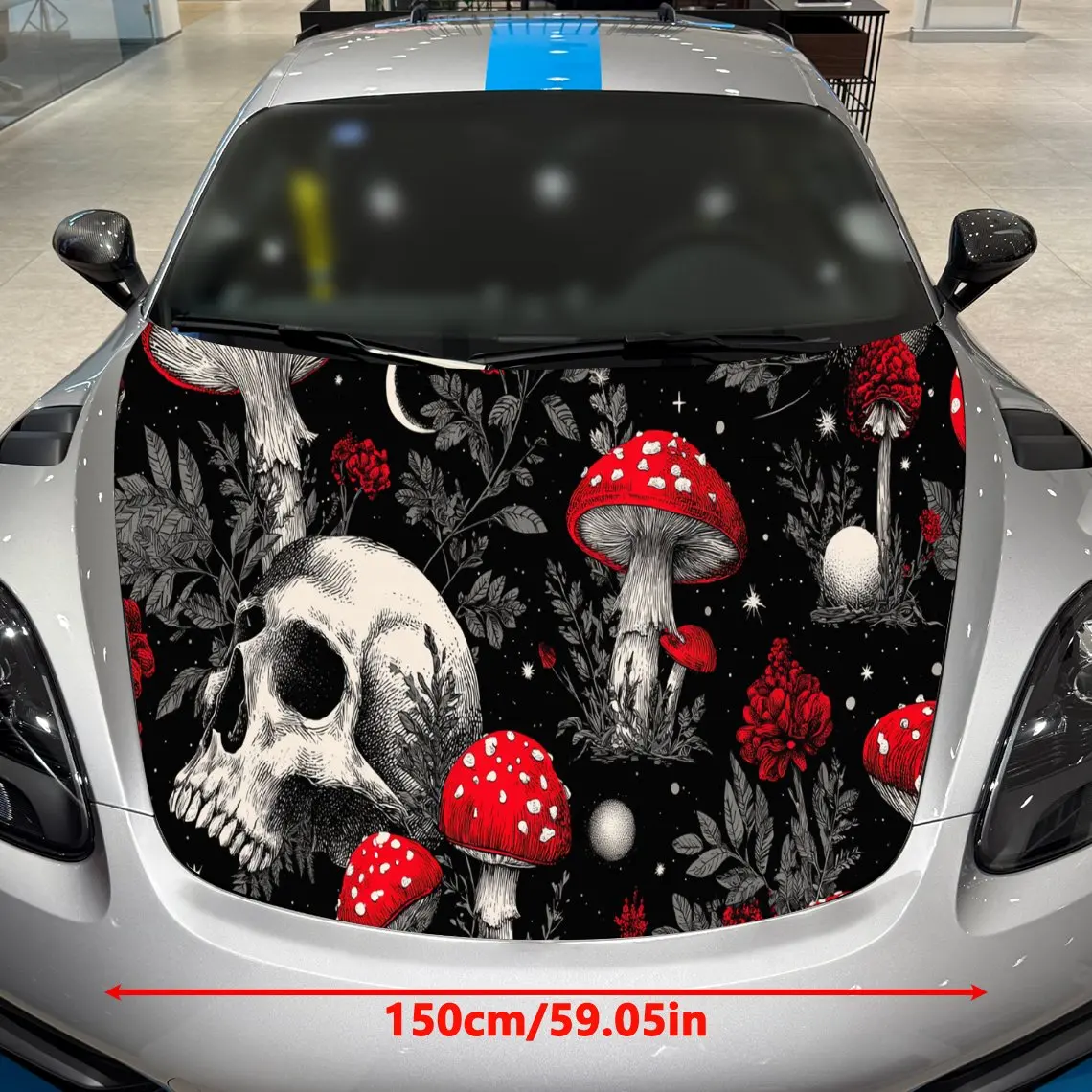 Car Decals A Dark Whimsical Design with Skulls, Red Mushrooms, and Botanical Details in a Black Textured Background with Artisti
