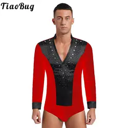 Mens Latin Dance Leotard Rhinestone V Neck Long Sleeve Figure Skating Ballet Gymnastics Bodysuit Ballroom Performance Undershirt