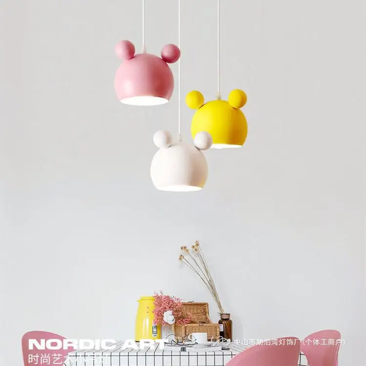 Nordic Color Macaron Mickey Chandelier Bedroom Candle Bedside Lamp Children's Clothing Toy Store Cartoon Iron Art Pendant Lights