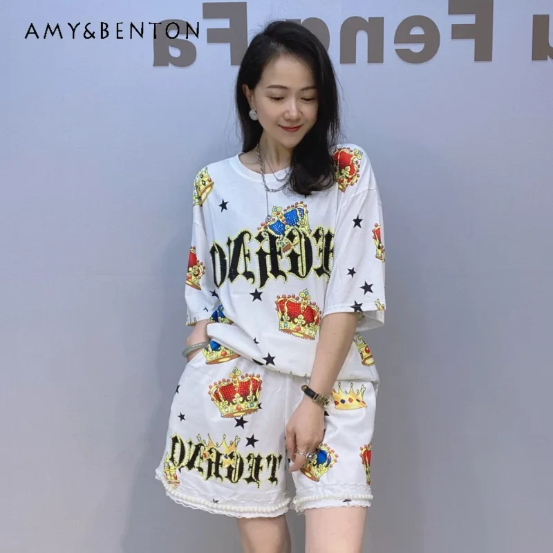 

Summer Oversized Short-sleeved Tees Shorts Two-piece Sets American Style Women's New Bead Suit Heavy Industry Sparkling Clothes