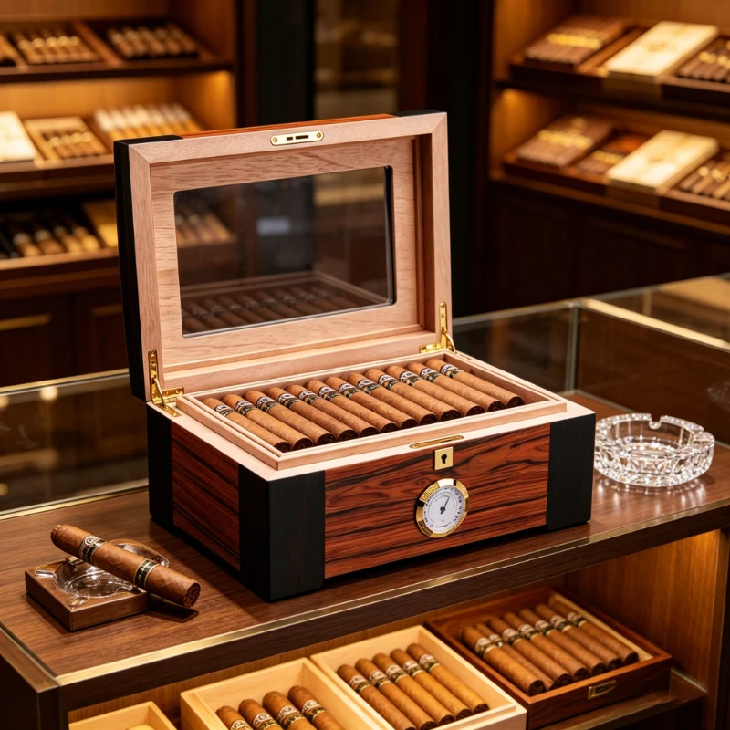 Cigar Humidor Holds 100 Cigars 29-57 Ring Gauge Built-in Thermometer&Humidifier Safety Lock Best Holiday Gift