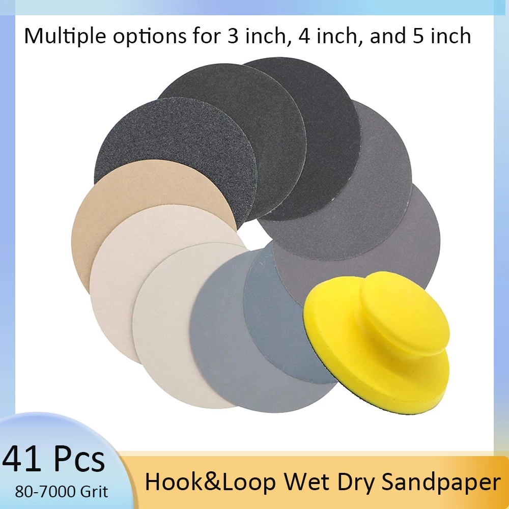 

3/4/5 Inch Wet Dry Sandpaper Kit 41 pcs with Sponge Handle Sanding Block Sanding Discs for Wood Metal Sanding and Car Polishing