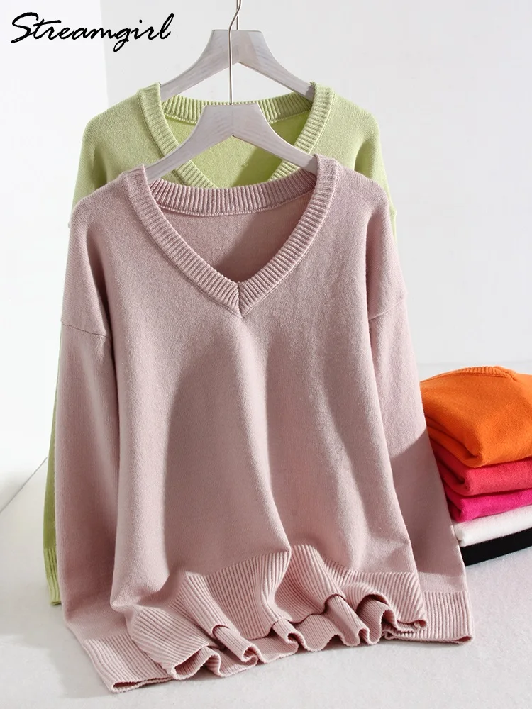 White Women Knitted Sweater Pullovers Loose Casual Tops Winter Jumpers Women Knitwear V Neck Warm Oversize Sweater Woman 2024