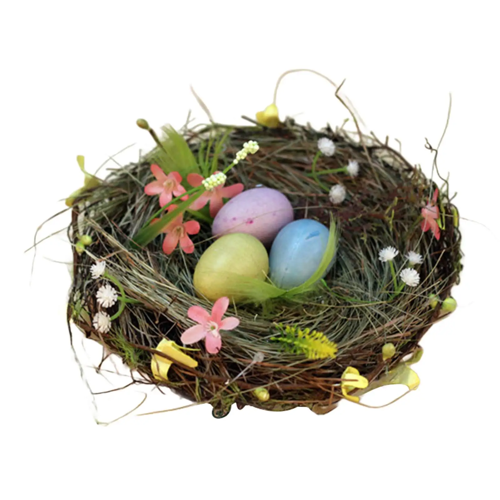Easter Woven Bird Nest Decor Easter Gift Small Desktop Ornament with Colorful Easter Eggs for Outdoor Yard Bedroom Balcony Patio