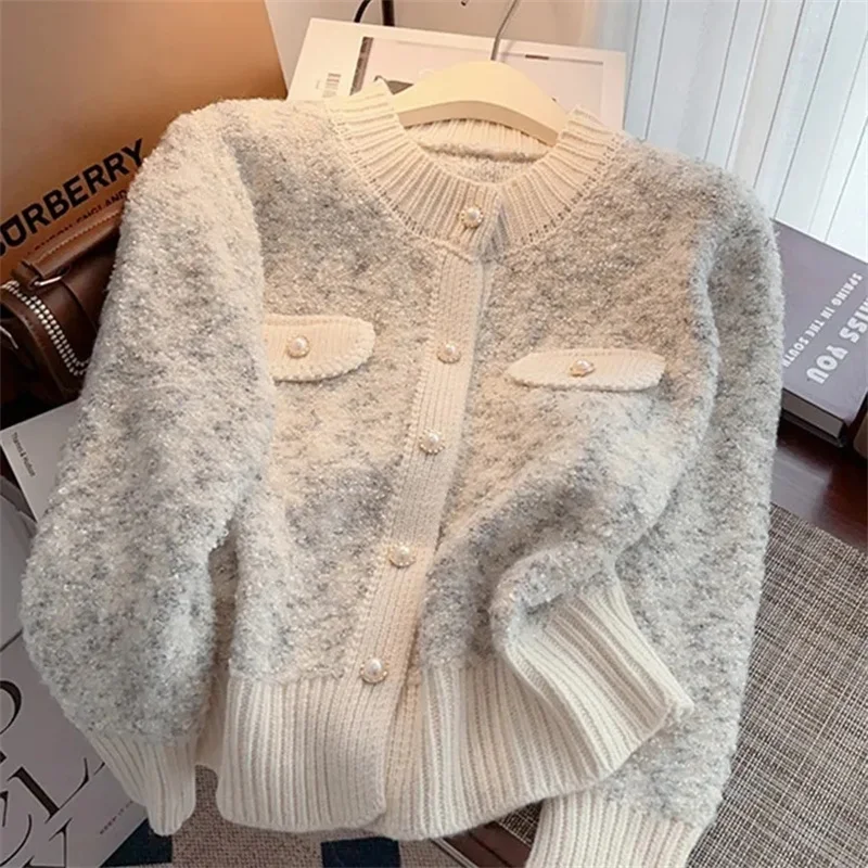 Xiaoxiangfeng Sweater Jacket Women's Autumn And Winter Knitted Cardigan 13 line Thick and Warm Light Colored Dot Base Top