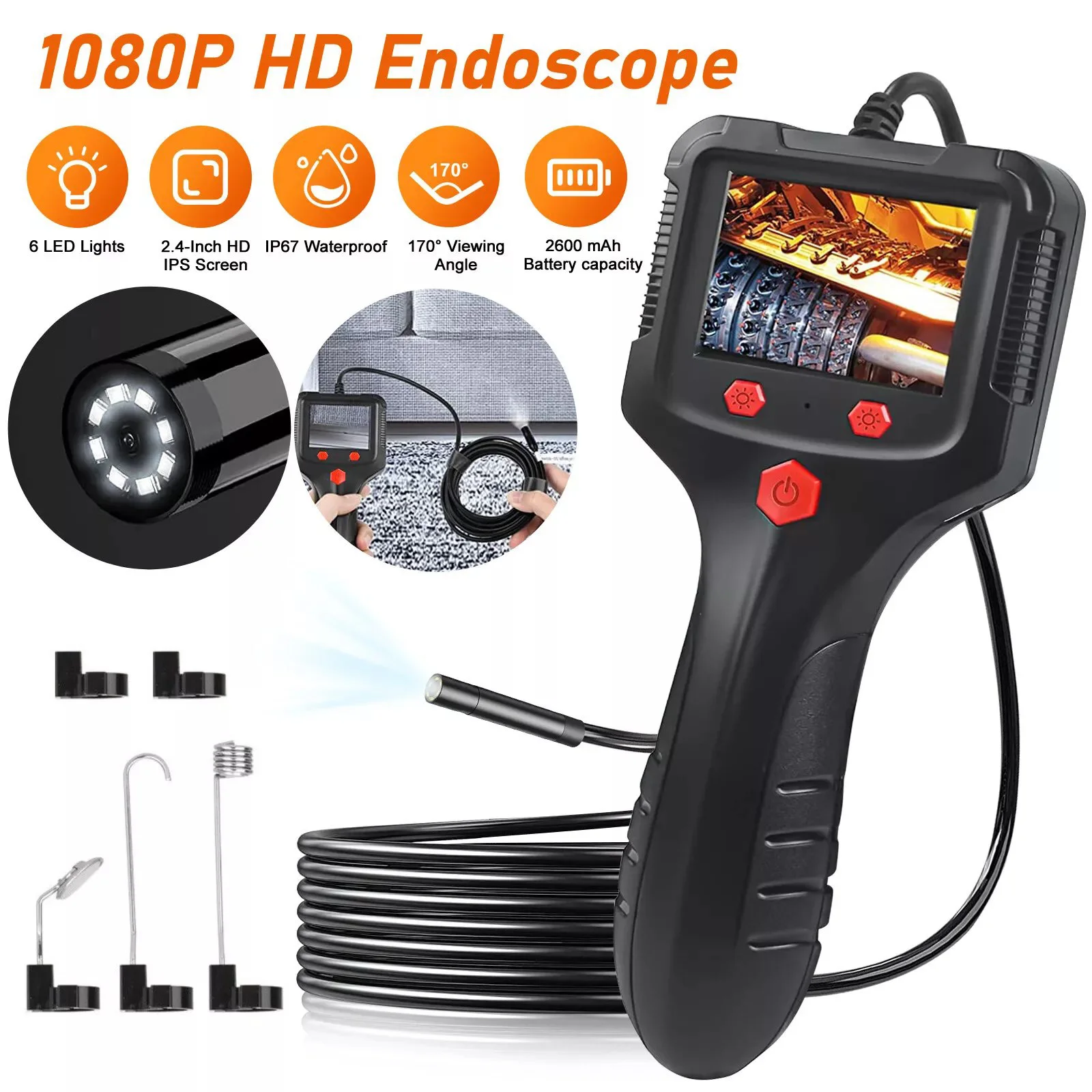 1080P HD LED Handheld Industrial Endoscope 8mm Borescope Inspection Snake Camera With Adjustable 6 LED For Mechanical Inspection