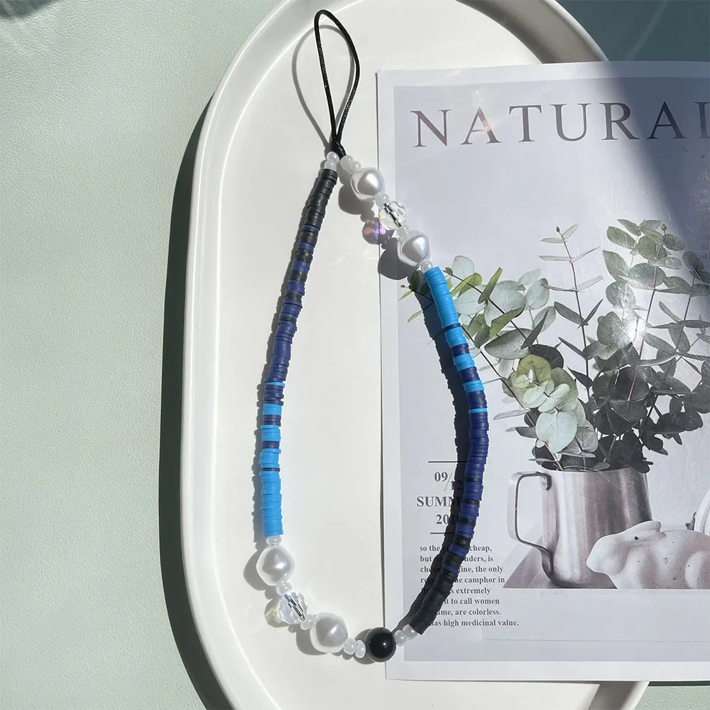 Immitation Pearl Phone Straps Blue Soft Pottery Chips Multicolor Crystal Cell Phone Rope Anti-lost Wrist Hanging Lanyard Chaine