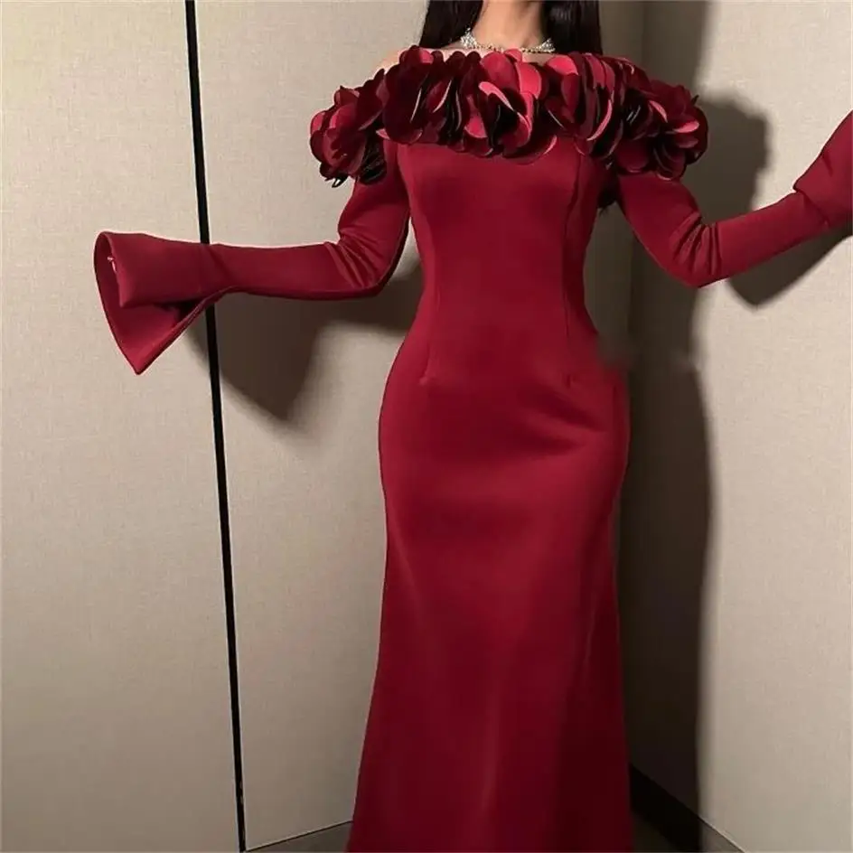 Customized Mermaid Long Sleeves Prom Dresses Off The Shoulder Pleated Flowers Ankle Length Evening Dresses Party Dresses