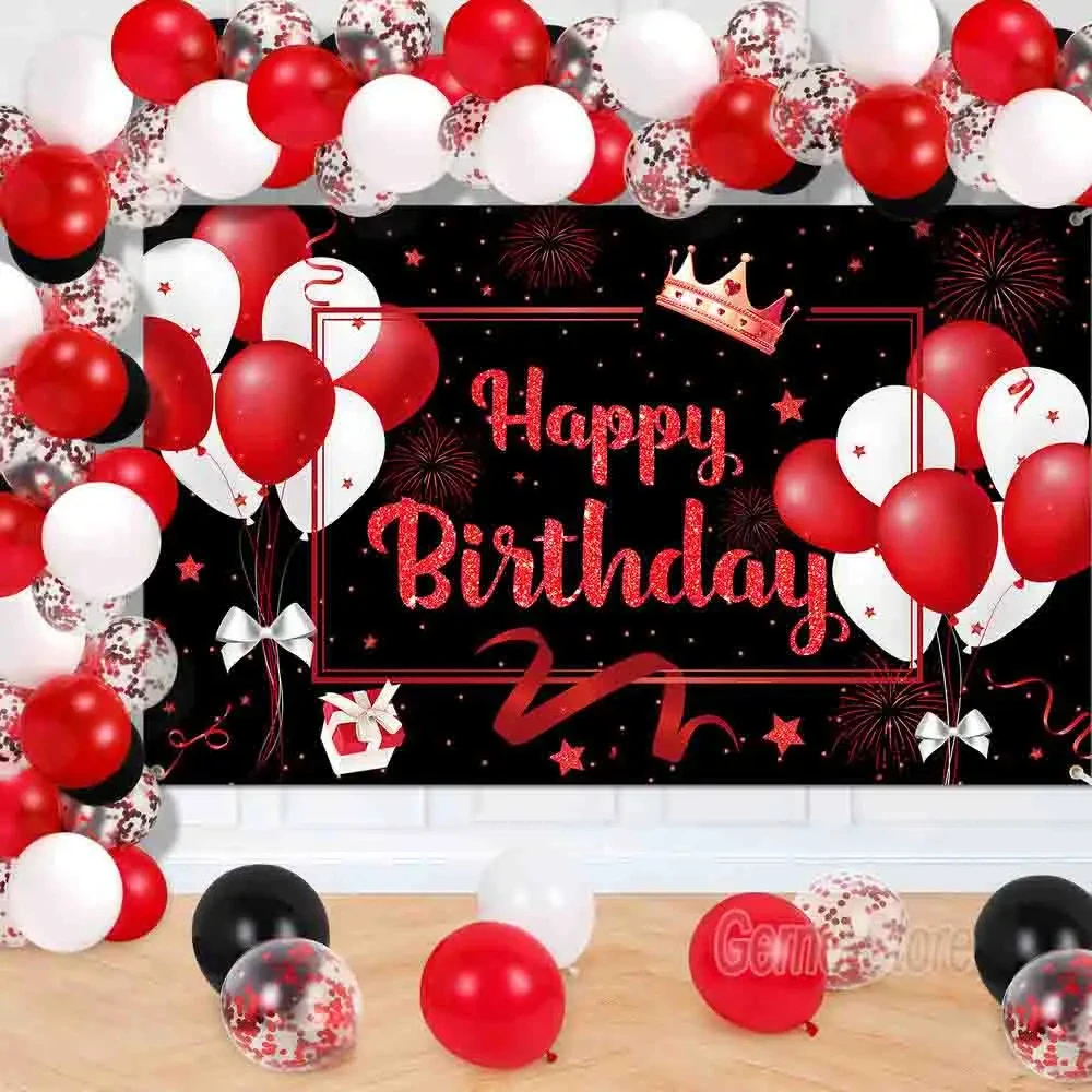 Red Birthday Banner Decorations Balloons Party Decorations Photo Booth Background for Women Girls Birthday Anniversary Party Sup