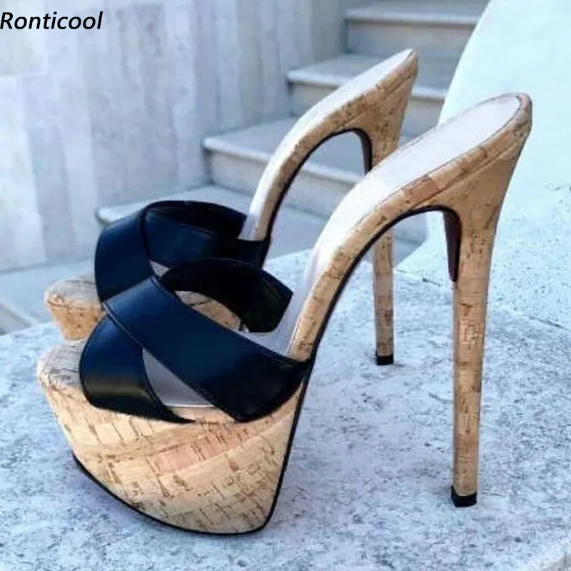 

Ronticool Handmade Women Mules Sandals Slippers Cork Unisex Sexy Stiletto Heels Open Toe Elegant Black Casual Shoes US Size 5-20