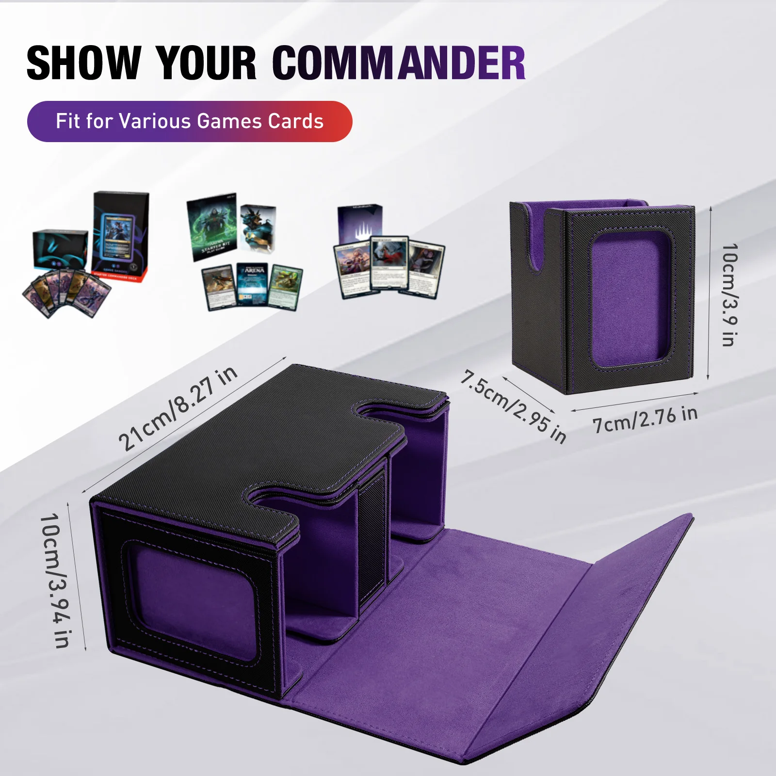 MTG Deck Box Commander Deck Case Fits 200+ Double-Sleeved Cards Magnetic Leather Card Storage Box with 2 Commander Display