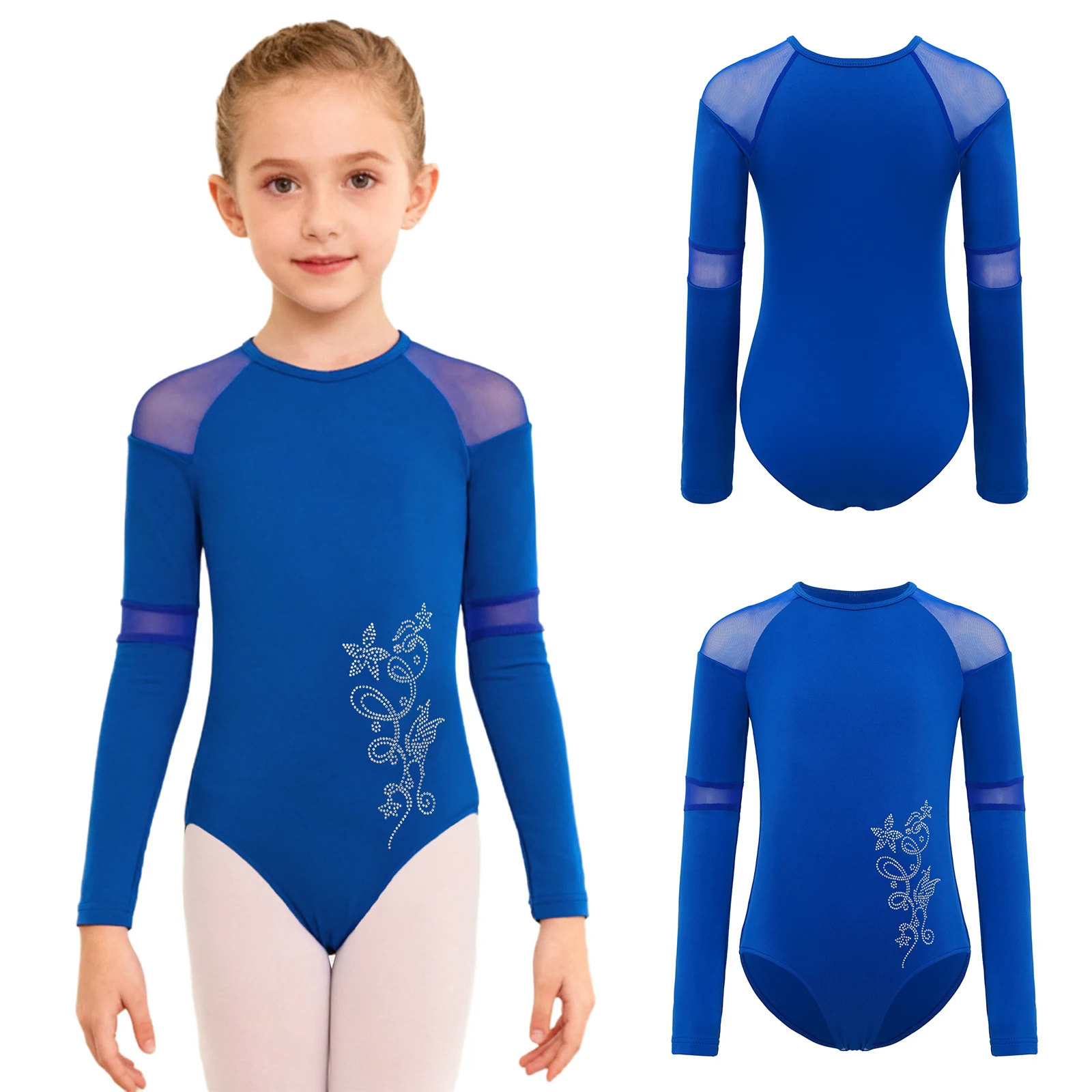 Strój gimnastyczny baletowy dla dziewczynek, z siateczkowymi wstawkami, długi rękaw, trykot baletowy do łyżwiarstwa figurowego i występów tanecznych.