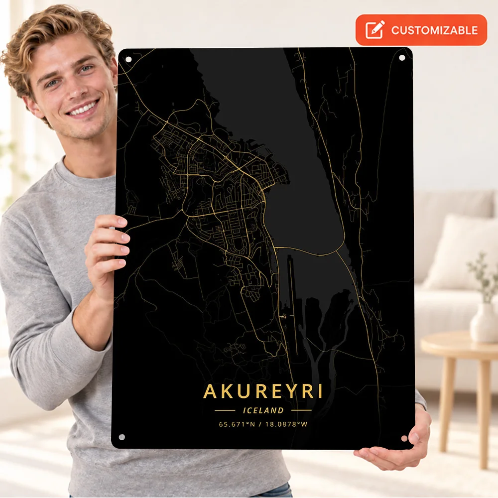 Akureyri Iceland Map Textured Metal Poster Customized Aluminum Sign Dark Cartography Wall Art For Study Geography Lover Gift