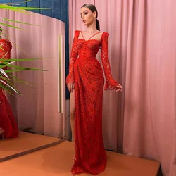 Sexy Red Lace Evening Dresses Sweetheart Neck Long Sleeves Illusion Prom Gowns Floor Length High Slit Mermaid فساتين السهرة