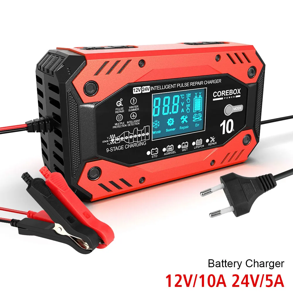 

Car Battery Charger 10A 12V AGM Lead-acid Battery Smart Repair Car and Motorcycle Battery Charging Device LCD Display US EU Plug