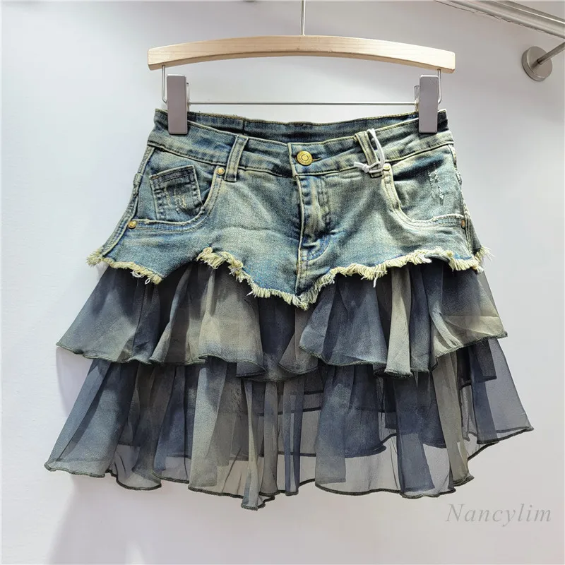 Fashion Color Contrast Sweet Lotus Leaf Stitching A- Line Stretch Denim Skirt Women Korean Style High Waist Slimming Short Skirt