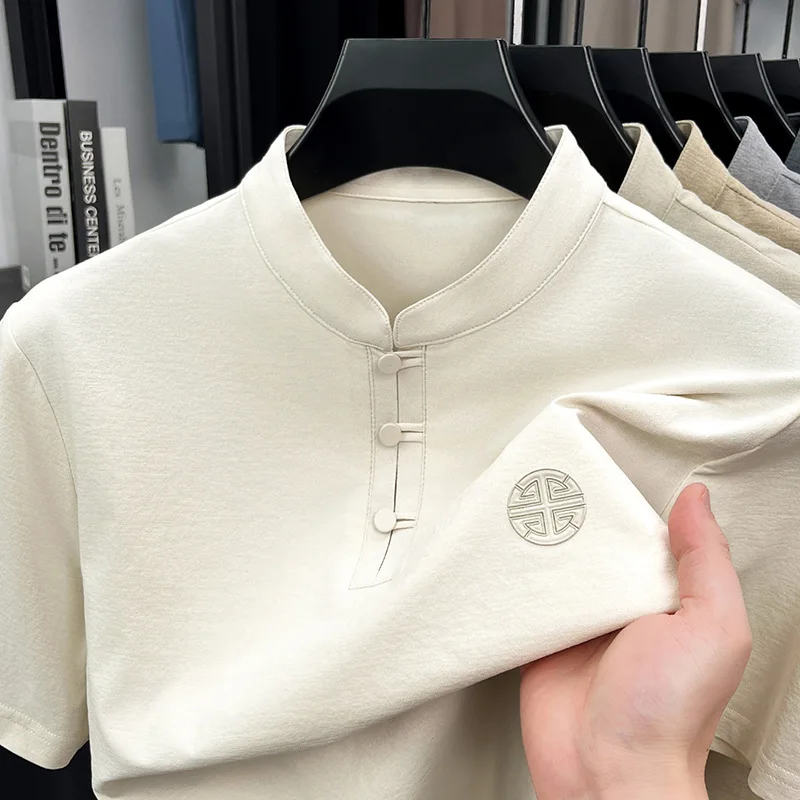 QICHE 2026 Summer Chinese Style Stand Collar Tang Suit Men Frog Button Casual Top