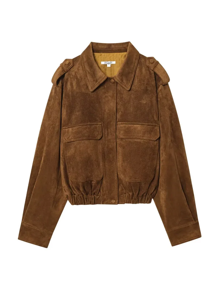 Damska kurtka zamszowa na jesień, uniwersalna, z klapami, długi rękaw, elegancka, w stylu high street, casualowa, z kieszeniami na zamek błyskawiczny, mujer.