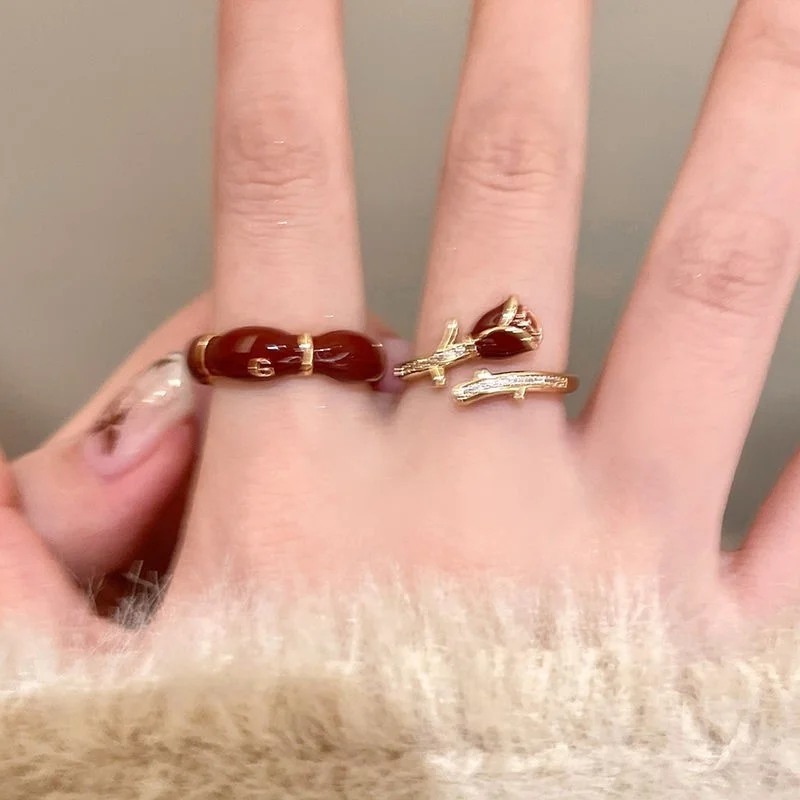 Burgund Rose Zirkon Ring Retro Tropfen Glasur Acryl Ring für Frauen Modeschmuck Accessoires Geschenk