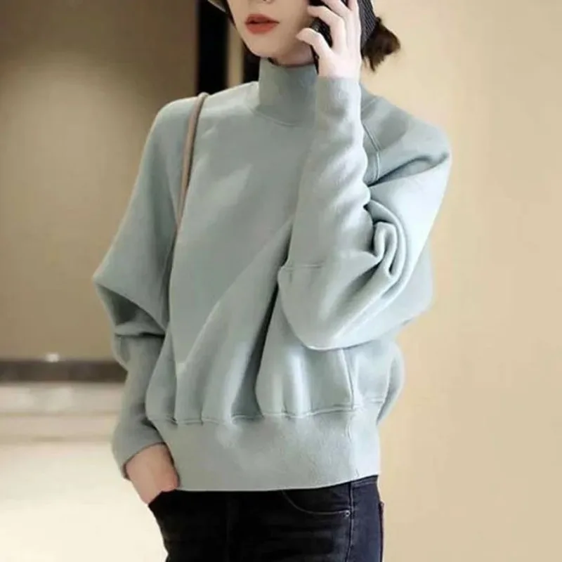 Autumn and Winter Women's Solid High Neck Long Sleeve All-match Korean Loose Pullovers Classic Fashion Casual Office Lady Tops