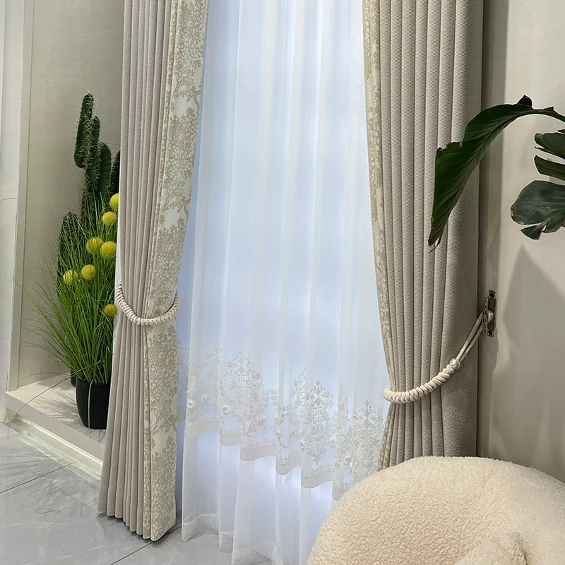 High End Luxury Beige Curtains for Living Room Bedroom Blackout Sound Insulation Grand Study High-end Modern Simple Customized