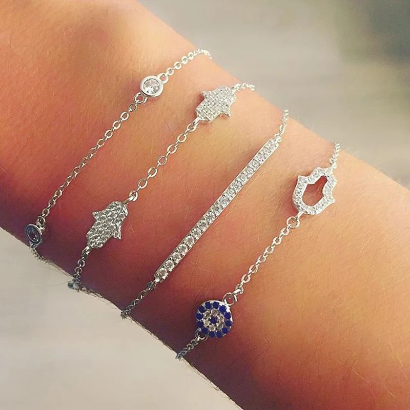 100% 925 Sterling Silver Fatima Hand Hamsa paved AAA cubic zirconia tiny delicate adjustable Bracelets for Women Simple Jewelry