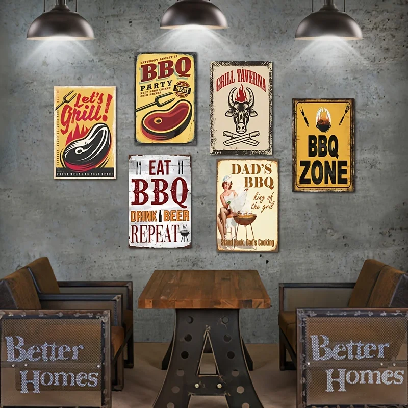 ديكور الغرفة 6 قطع مجموعة لافتات معدنية من القصدير للشواء الرجعية، لوحات فنية جدارية لحفلات الشواية العتيقة، 30.48 × 20.32 سم للمنزل والمطعم