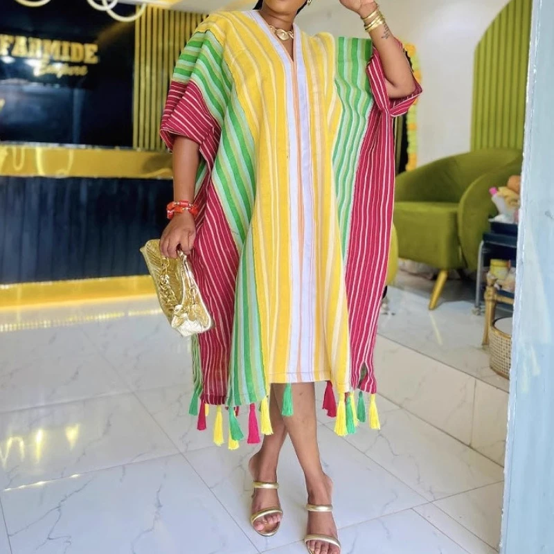 

Mid Length Dress Women Dresses Striped Vestidos Y2k Streetwear V Neck High Waist Casual Loose Elegant Splice Work Party Maxi