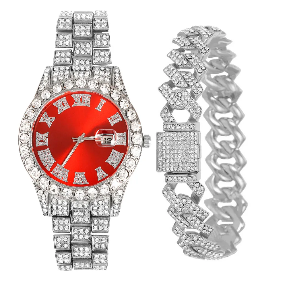 สร้อยข้อมือ+สร้อยคอ+นาฬิกาแบบ Iced Out คุณภาพสูง สไตล์ไมอามีคิวบัน สร้อยคอแบบฮิปฮอปสุดหรู สำหรับผู้ชาย ผู้หญิง ของขวัญสำหรับงานปาร์ตี้