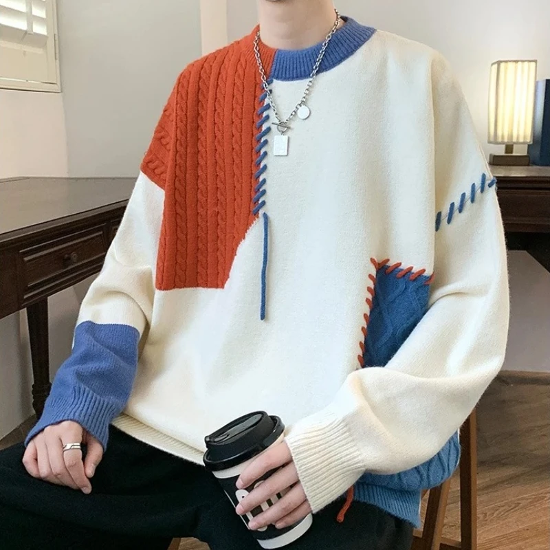 

Autumn Winter Warm Men's Knitted Sweaters Fashion Patchwork O Neck Knit Pullovers Korean Streetwear Casual Pullover Male Clothes