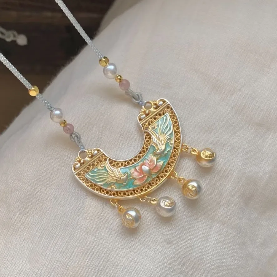 Traditional Chinese Style Lucky Crescent Safety Lock Pendant Necklace Gold Plated Enamel Phoenix Lotus Hand Braided Rope Long