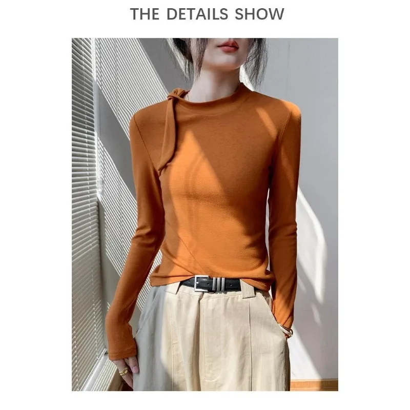 Women's Pullover Float Collar Long Sleeve T-Shirt Women's Korean Pumpkin Orange Slim Bottoming Shirt Top