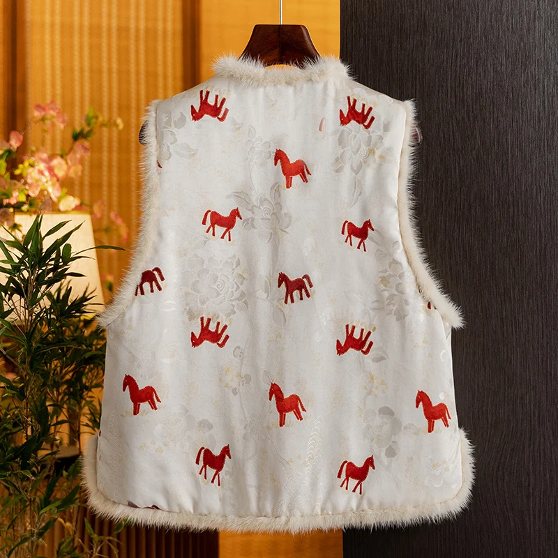 New Chinese-Style Retro Jacquard Mink Fur Padded Vest for Women, 2025 Winter New Year Model Vest Jacket