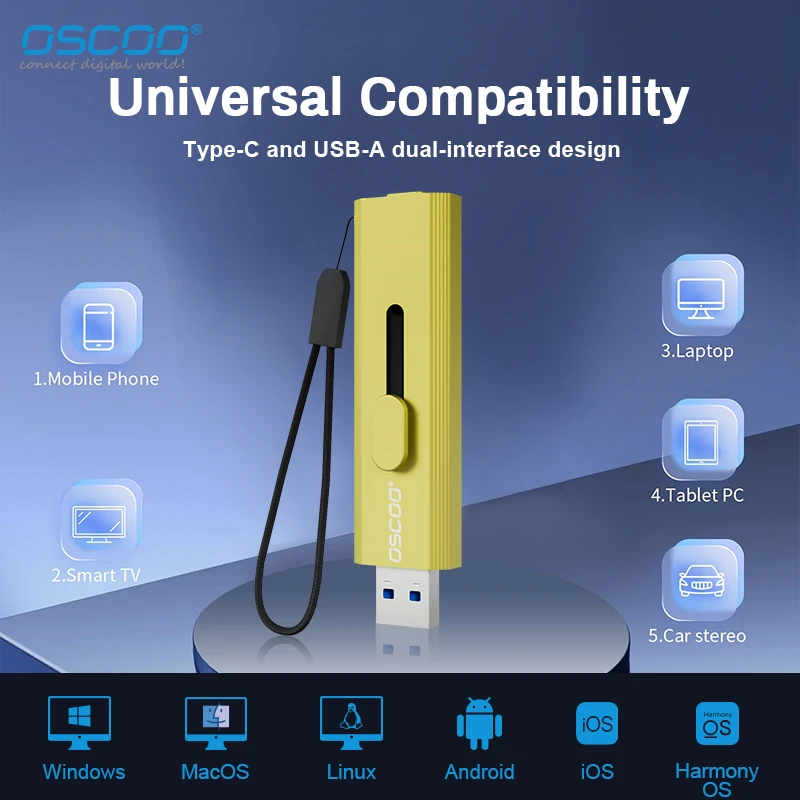 OSCOO SSD USB Flash Drive 512GB 1TB 2TB 3D TLC Nand Flash 10Gbps Type-C USB3.2 Gen2/USB-A Wireless Portable SSD USB Flash Drive