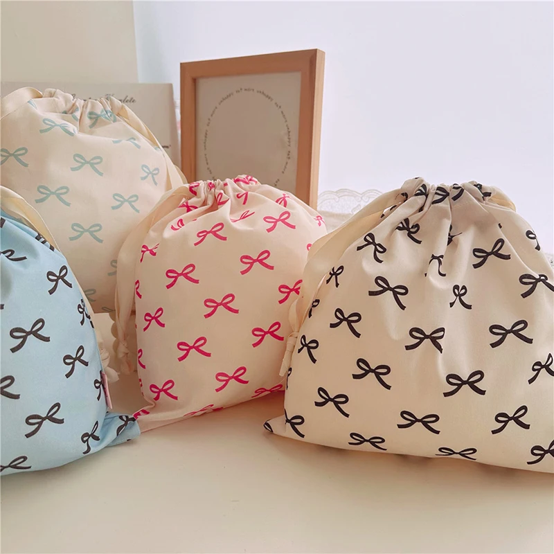 Cute Pink Bowknot Print Travel Skincare Drawstring Storage Bag Makeup Bag Underwear Clothing Storage Bag