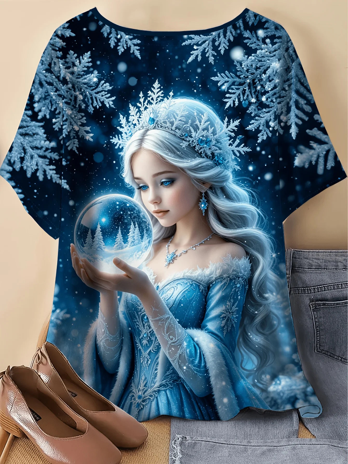 Women Crew Neck Short Sleeve T‑Shirt, Ice Snow Princess Magic Crystal Ball Snowflake Art Graphic Tee