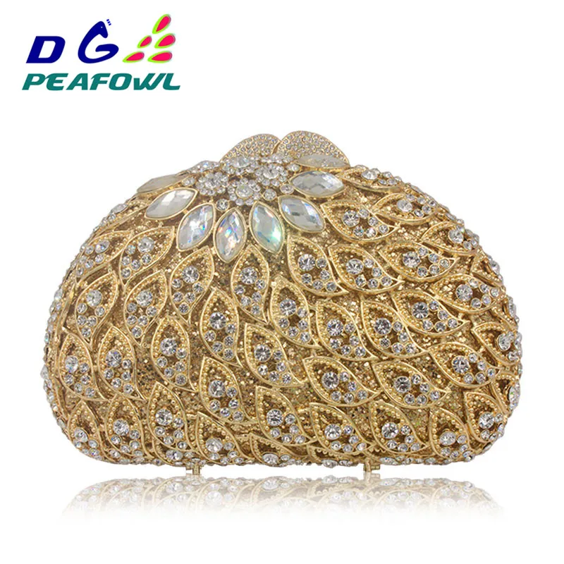 DG PEAFOWL Wedding Clutches With Long Chain Women Clutch Bags Hollow Out Crystal Evening Bag Golden Party Purse Ladies