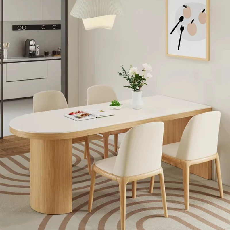 

Solid wood slate dining table small household type, modern simple and light luxury log cream style semi-circular island