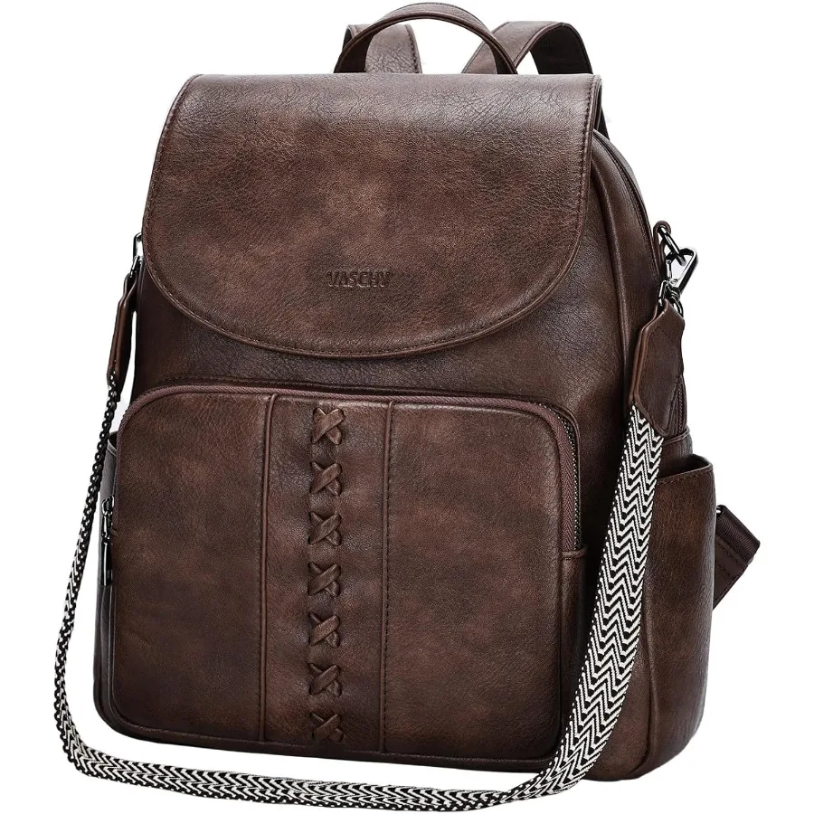 

VASCHY Backpack Purse for Women Fashion Cute Vegan Leather Flap Backpack Convertible Handbag for Ladies with Guitar Strap Coffe