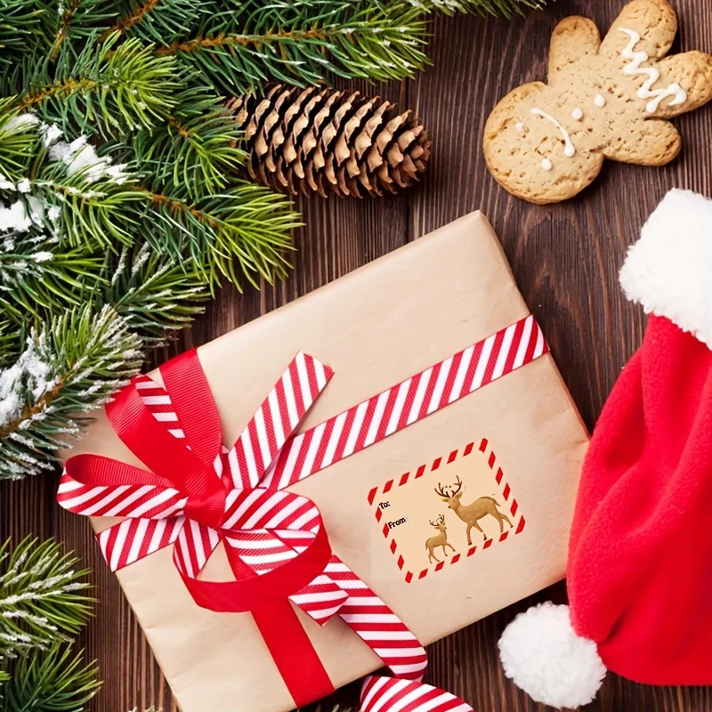 1roll/200pcs Christmas Gift Labels -Self-Adhesive Writable Labels with Santa,Reindeer,Merry Christmas Text - Red & Green Holiday