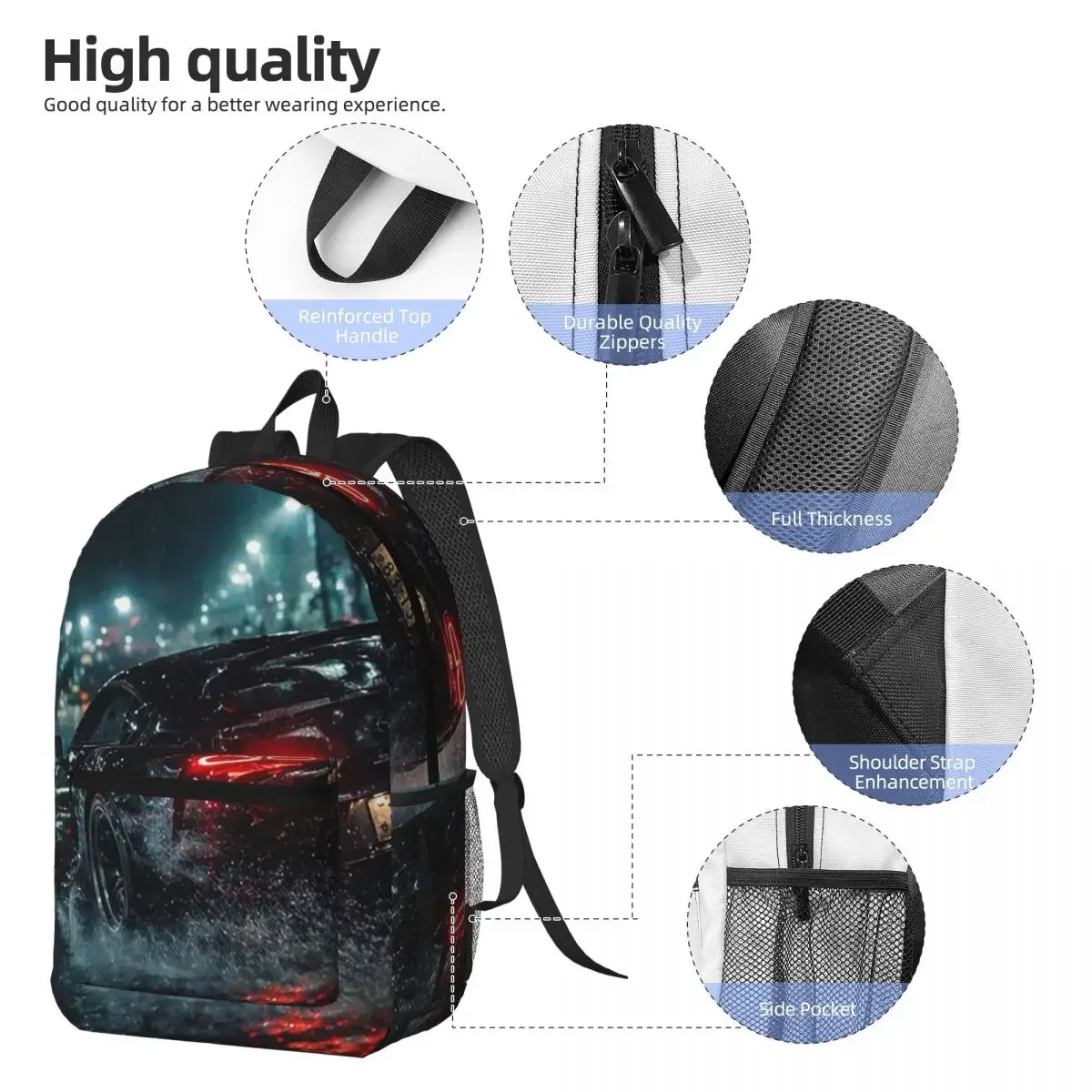 Black White Car In Smoke Water Reflection Backpack Daypack Large Capacity Children BookBag School Bag Shoulder Bags for Unisex