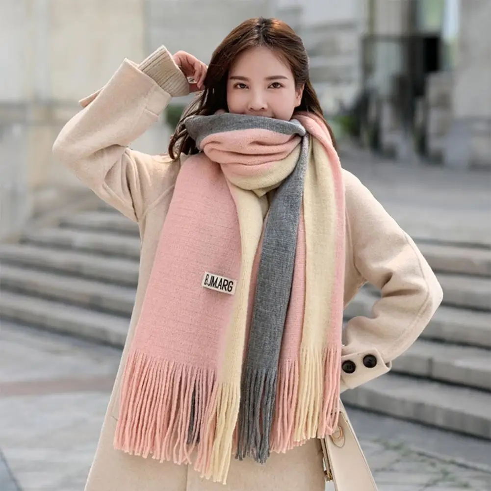 Women Long Scarf Cozy Winter Scarf with Tassel Decor Windproof Patchwork Design Heat Retention for Women Long Thick for Outdoor