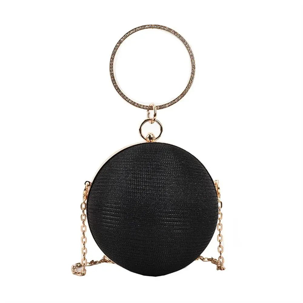 Elegant Circular Evening Bag Gold Bright Silk Rhinestone Decorative Chain Shoulder Bags Handbags Wedding Party