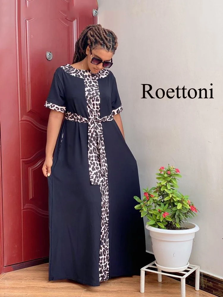 

Loose Kaftan African Women's Dress Leopard Print Elasticity Muslim Robe With Belt/Hair Hoop Maxi Femme Boubou Long Abaya Blouse