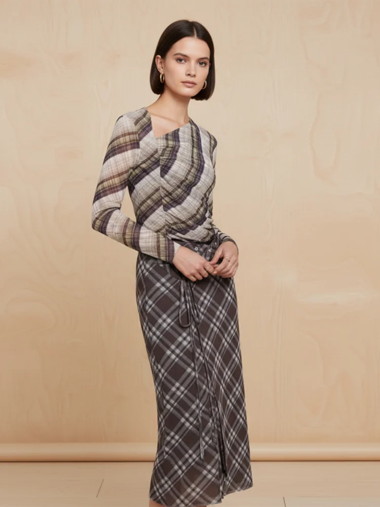 Lady Plaid Two-piece Set Casual Asymmetric Long-sleeve Top Tied-waist Midi Skirt Sets 2026 Spring Trendy Mixed-pattern Outfits