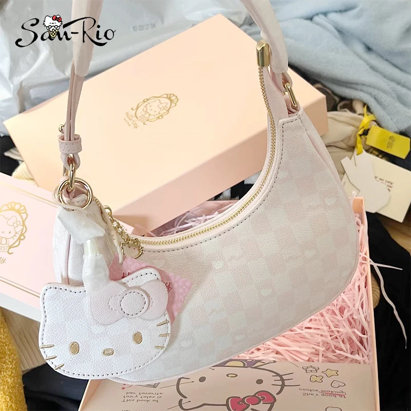 

Hello Kitty Crescent Handbag Women Pink Purse Underarm Bag Pu Leather Girls Shoulder Bags Kawaii Face Bag Girl's Gift