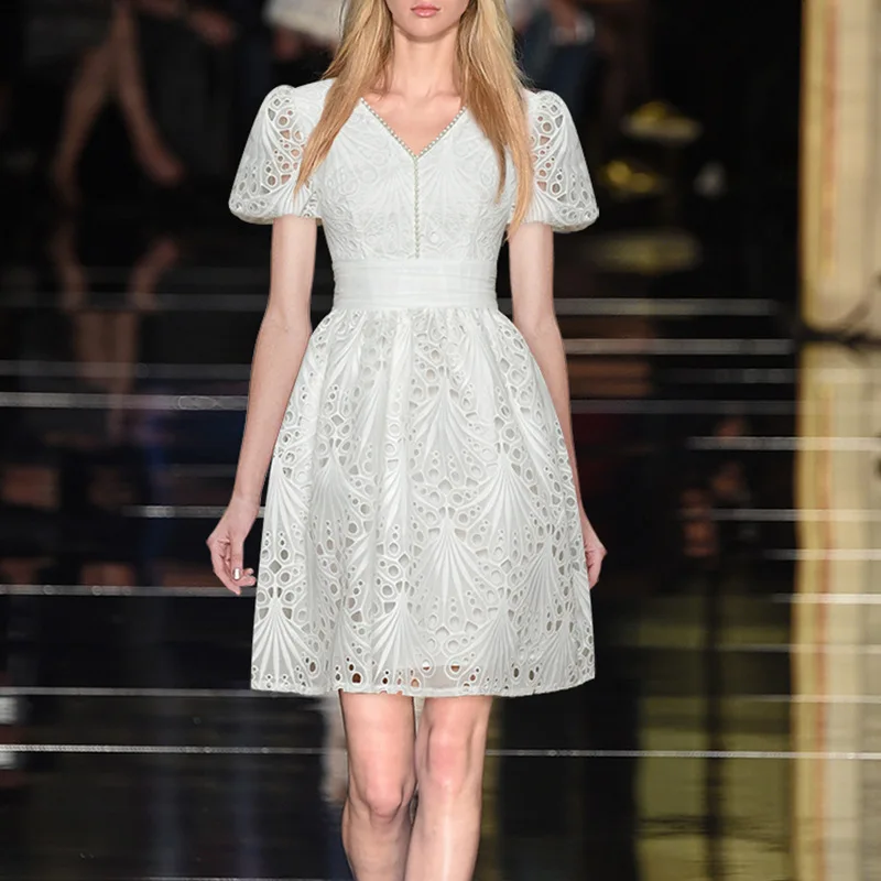 

Elegant Puff Sleeve Lace White Dresses Spring Women V-neck Hollow Out Big Swing Dress Summer High Waist Slim A Line Mini Dress
